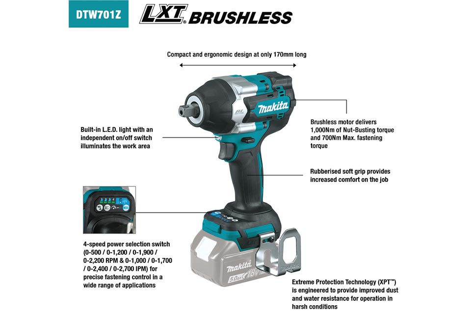 Makita - Product Details - Impact DTW701Z Wrench ½\
